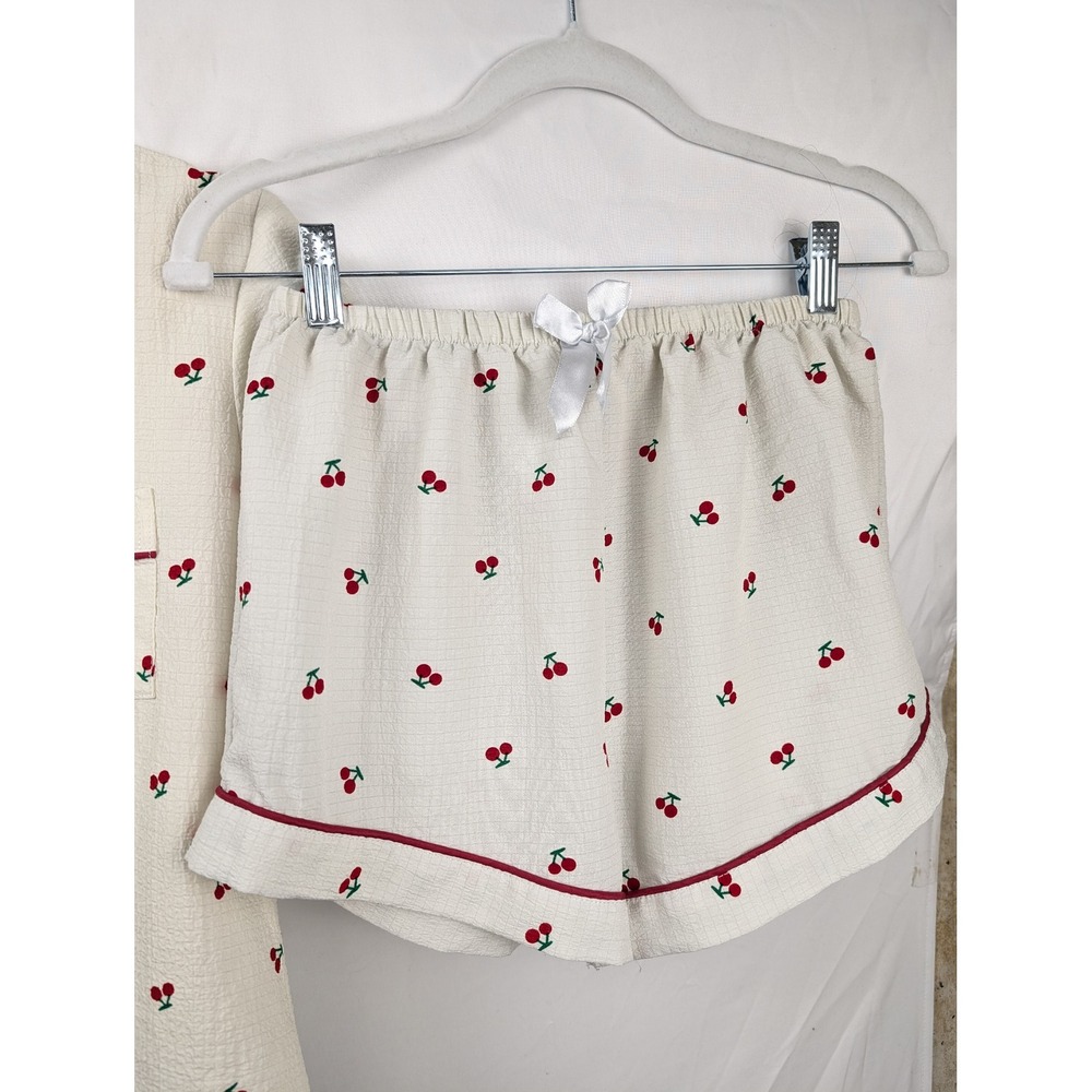 Cherry Print Pajama Set Button Shirt Shorts Size M Cream Red Novelty Print Fruit - Picture 3 of 10